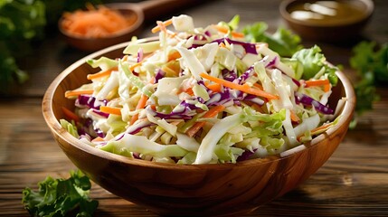 Wall Mural - Fresh coleslaw salad in a wooden bowl with colorful vegetables and dressing on a rustic wooden table.