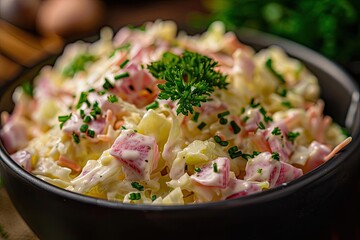 Wall Mural - Delicious creamy salad with ham, potatoes, and fresh parsley, perfect for a hearty meal or side dish.
