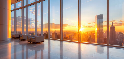 Poster - A large city skyline is visible through a large window in a building