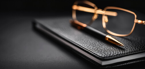 Poster - A pen and a pair of glasses are on top of a leather bound book