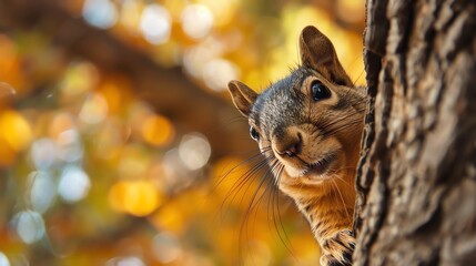 A squirrel peeks out from behind a tree trunk, looking directly at the camera with a curious expression.