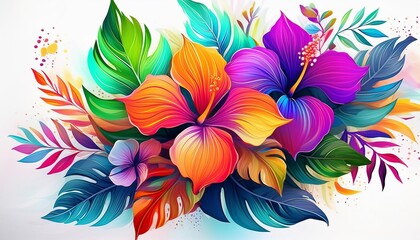 Tropical hibiscus flowers and leaves on white background generative AI