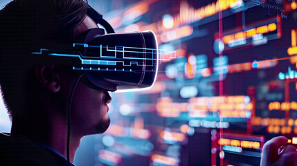 Virtual diagram showing website design businessman using VR screen for developing programming and coding technologies cyber security and internet networking concept 