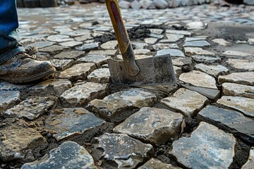 Wall Mural - Repair of the tile pavement. Installation of paving slabs. Man using a pickaxe removes old pavement.