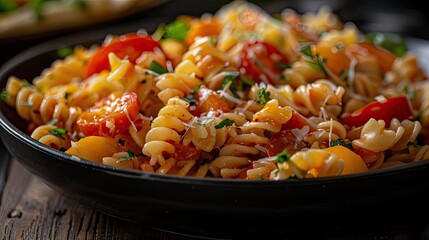 Wall Mural - Close-up of delicious rotini pasta salad with cherry tomatoes, herbs, and grated cheese served in a black bowl on a wooden table.