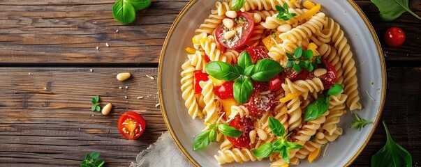 Delicious fusilli pasta with fresh basil and cherry tomatoes, topped with pine nuts, served on a rustic wooden table.