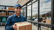 © Gabriele - Smiling delivery worker holding box outside warehouse, cheerful courier in blue uniform with parcel, logistics and shipping service, outdoor scene with packages and industrial background