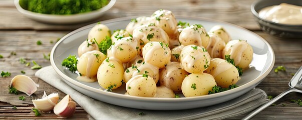 Wall Mural - Plate of fresh boiled baby potatoes garnished with parsley on a rustic wooden table, served with garlic and mayonnaise sauce.
