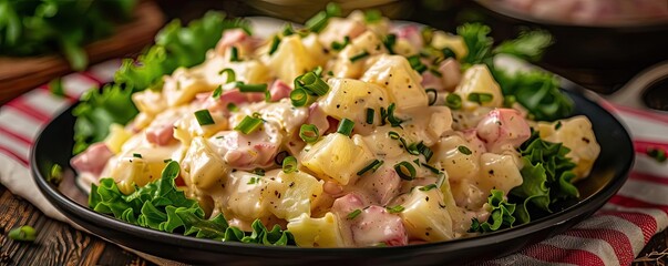 Delicious homemade potato salad with ham and chives, served on a black plate with fresh greens in the background, perfect for a summer meal.