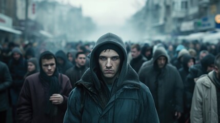 A young man in a hooded jacket stands in a crowd of people in a city street. The street is crowded with people, and the man is looking straight ahead with a serious expression on his face