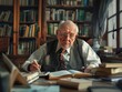 © Vitalii Shkurko - An elderly man writing at a desk in his home library, surrounded by books and scholarly materials.