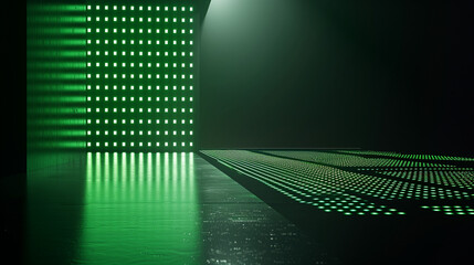 Illuminated green grid wall casting intricate patterns in a dark, modern interior