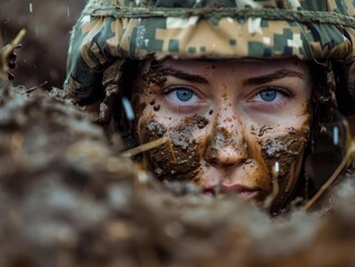 Wall Mural - portrait of a determined female soldier with camouflage face paint emerging from thick mud conveying strength and resilience in harsh conditions