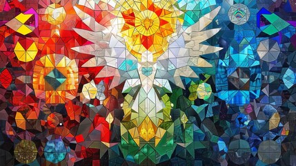 Poster - vibrant mosaic artwork featuring an abstract angel with colorful geometric patterns, radiating light