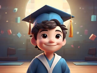 a cartoon illustration of a cute chibi graduate boy smiling, 3D