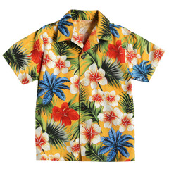 a yellow hawaiian shirt with a colorful tropical floral print.