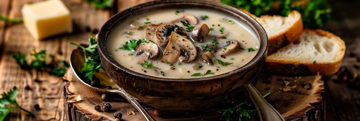 Wall Mural - Mushroom Cream Soup, Creamy Soup Made of Champignons, Boletus or Ceps with Rye Bread Toasts