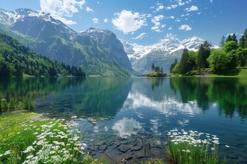 Wall Mural - tranquil alpine retreat serene mountain lake nestled among towering peaks crystalclear waters reflect snowcapped summits surrounded by lush evergreen forests and wildflower meadows