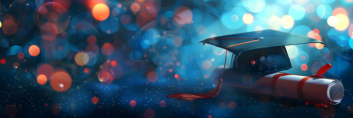 Graduation Cap And Diploma On Blue Bokeh Background