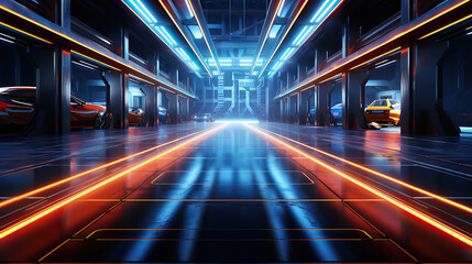 generated Illustration futuristic scifi tunnel corridor with glowing lights