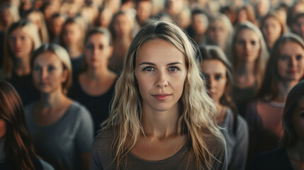 Blonde woman standing out from large crowd of people. Stand out from the crowd concept.