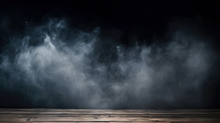 Fog in darkness smoke and mist on wooden table abstract and defocused Halloween backdrop