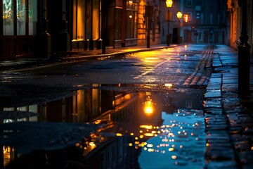 Wall Mural - street abstract background with light reflecting from the pond abstract night aesthetic street background 