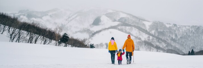 A family is having a great time on a winter vacation in the snowy mountains during the holiday season, enjoying the beautiful landscapes and making unforgettable memories together