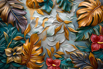 Wall Mural - An intricate painting of tropical leaves and vibrant flowers on a volumetric stucco panel.