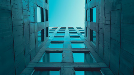 Wall Mural - Concrete high-rise building, looking up at the sky from below