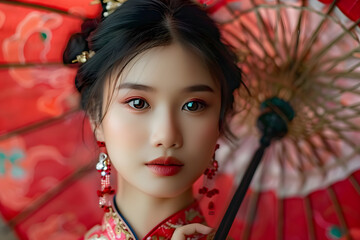 Wall Mural - Beautiful asian woman wearing a traditional chinese dress is posing with a red umbrella