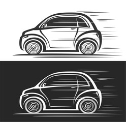 Wall Mural - Vector logo for Small Electric Car, automotive decorative banners with simple illustration of female micro car in moving, line art running monochrome small concept car on black and white background