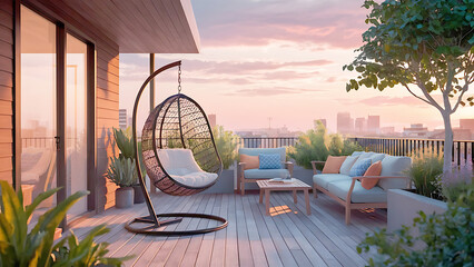 Relaxing modern rooftop deck patio area with a hanging chair, seating area, and plants at sunset.