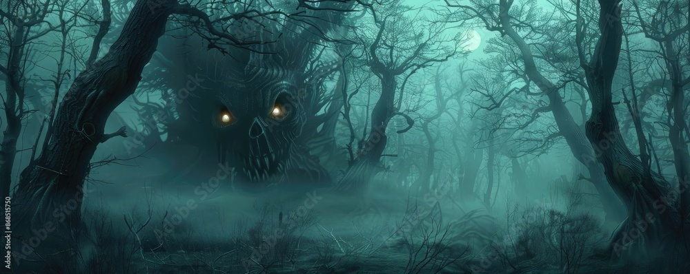 Mysterious dark forest with eerie glowing eyes and twisted trees ...