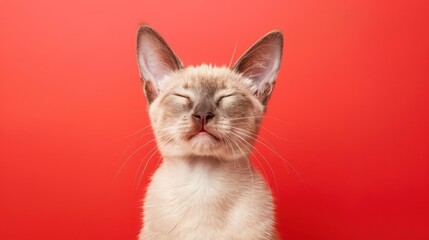 Portrait photography of a cute little Tonkinese cat happy smiling , studio shot isolated on single color background ,editorial style, shoot by DSLR .