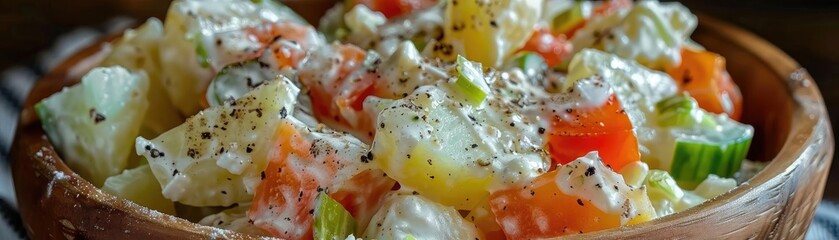 Delicious creamy potato salad with fresh vegetables in a wooden bowl, perfect for summer picnics and gatherings.