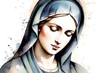 Mother Mary Abstract Watercolor Painting. Bliblical illustration 