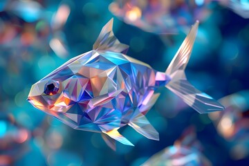 Wall Mural - Mesmerizing Underwater Light Show with Polygonal Fish Sculptures