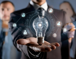 Businessman Presenting Digital Innovation Concept. Light bulb high-tech