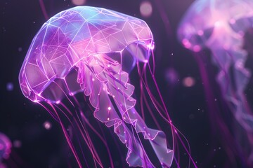 Wall Mural - Neon Geometric 3D Jellyfish Underwater Glow Abstract Art