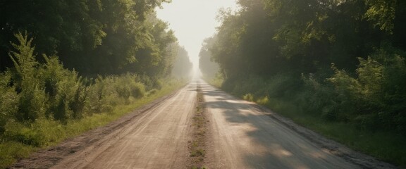 empty road tire Sun-dappled mist clinging to deserted country