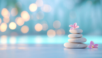 Balanced stones with flowers against a serene blurred background. Ideal for spa, relaxation, and meditation themes.