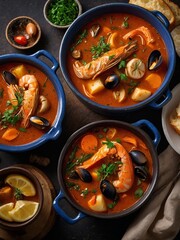 Wall Mural - French bouillabaisse stew, full of Mediterranean seafood and tomatoes, cinematic food photography