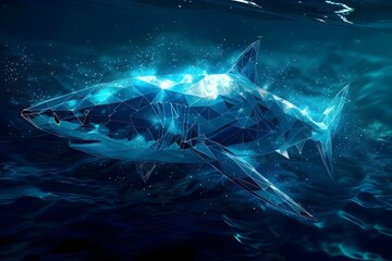 Wall Mural - Polygonal Shark in a Bioluminescent Ocean A Captivating 3D Render of Geometric Aquatic