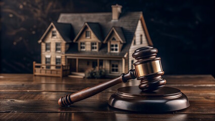 Judge Gavel on the background of a house,  housing estate,  property auction concept. 