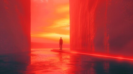 A man stands in a red tunnel with a sunset in the background