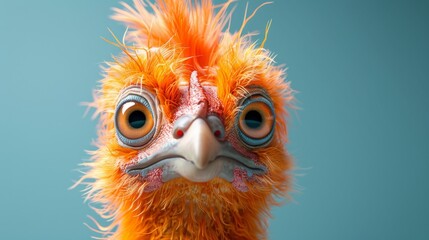 Wall Mural - A close up of a chicken with a fluffy orange head and a blue background