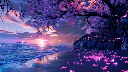 Wall Mural - Magical Neon Night Beach Overlooking Space, Spring Vibes