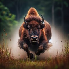 Wall Mural - a female bison running fast in the tall grass, motion blur and a fast shutter speed