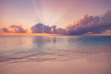 Canvas Print - Peaceful closeup sea sand beach. Beautiful nature landscape. Inspire tropical beach seascape wave horizon. Fantasy orange golden sunset rays sky calm tranquil relaxing summer. Vacation travel tourism